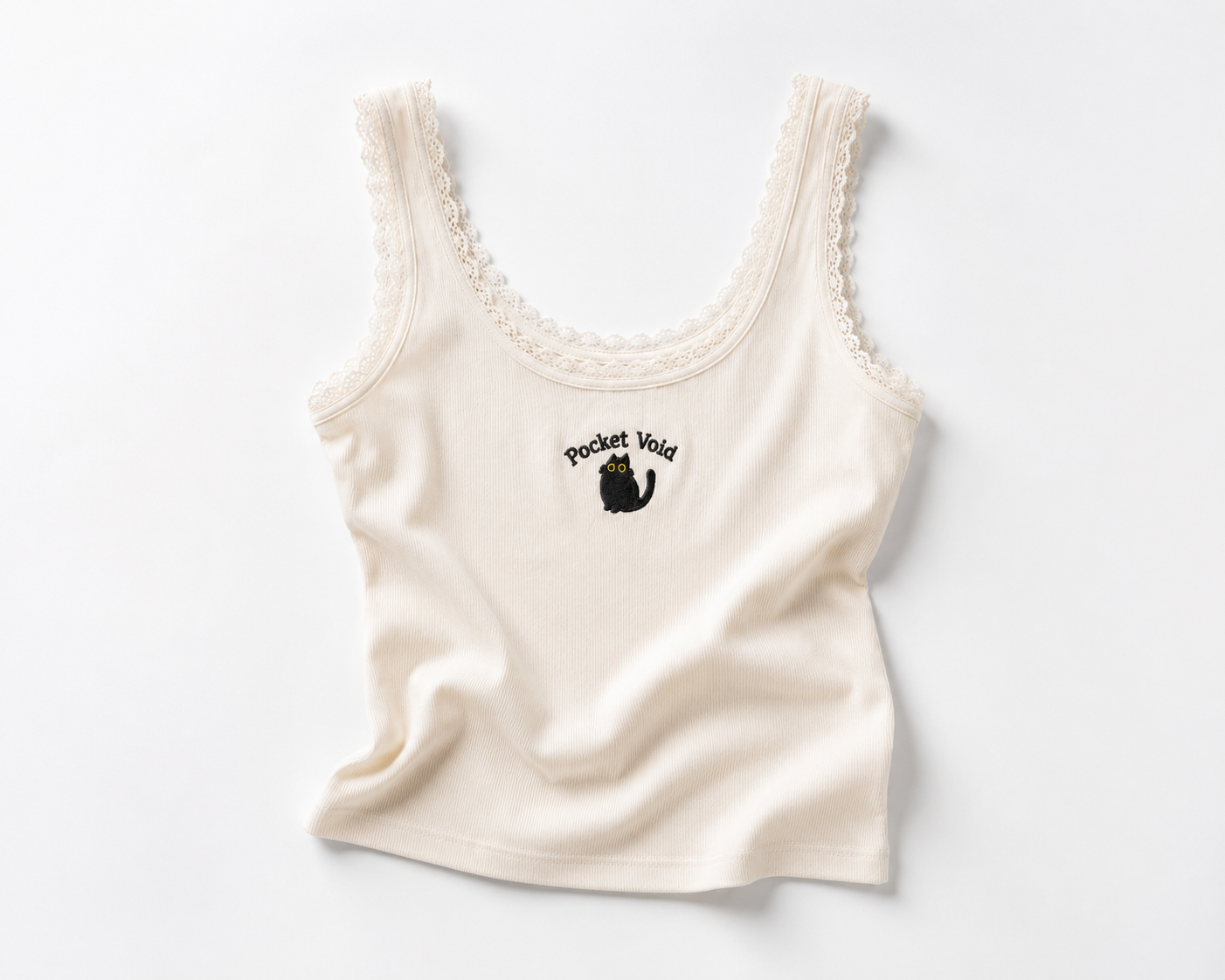 Cute Black Cat Embroidered Lace Trim Tank Top