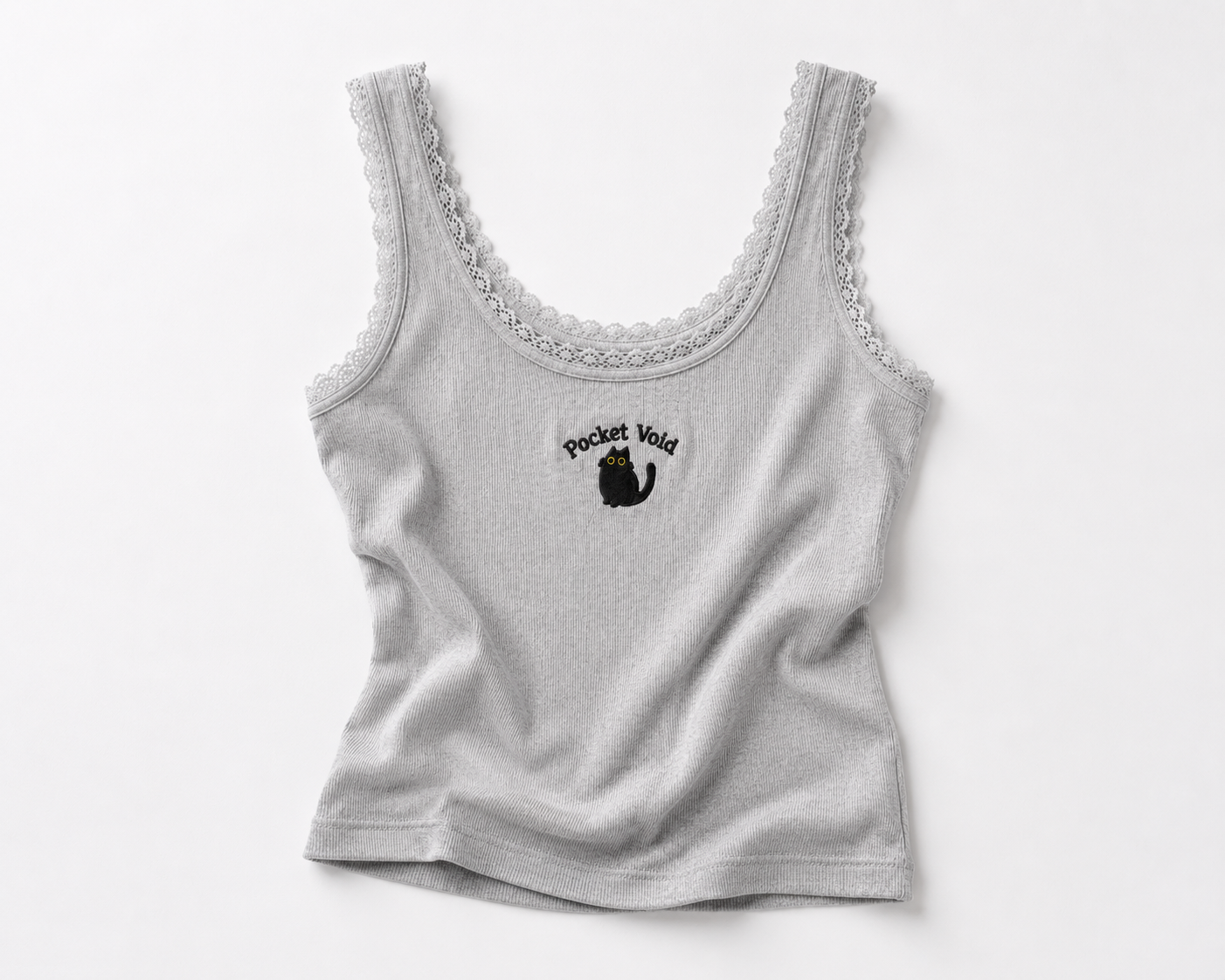 Cute Black Cat Embroidered Lace Trim Tank Top