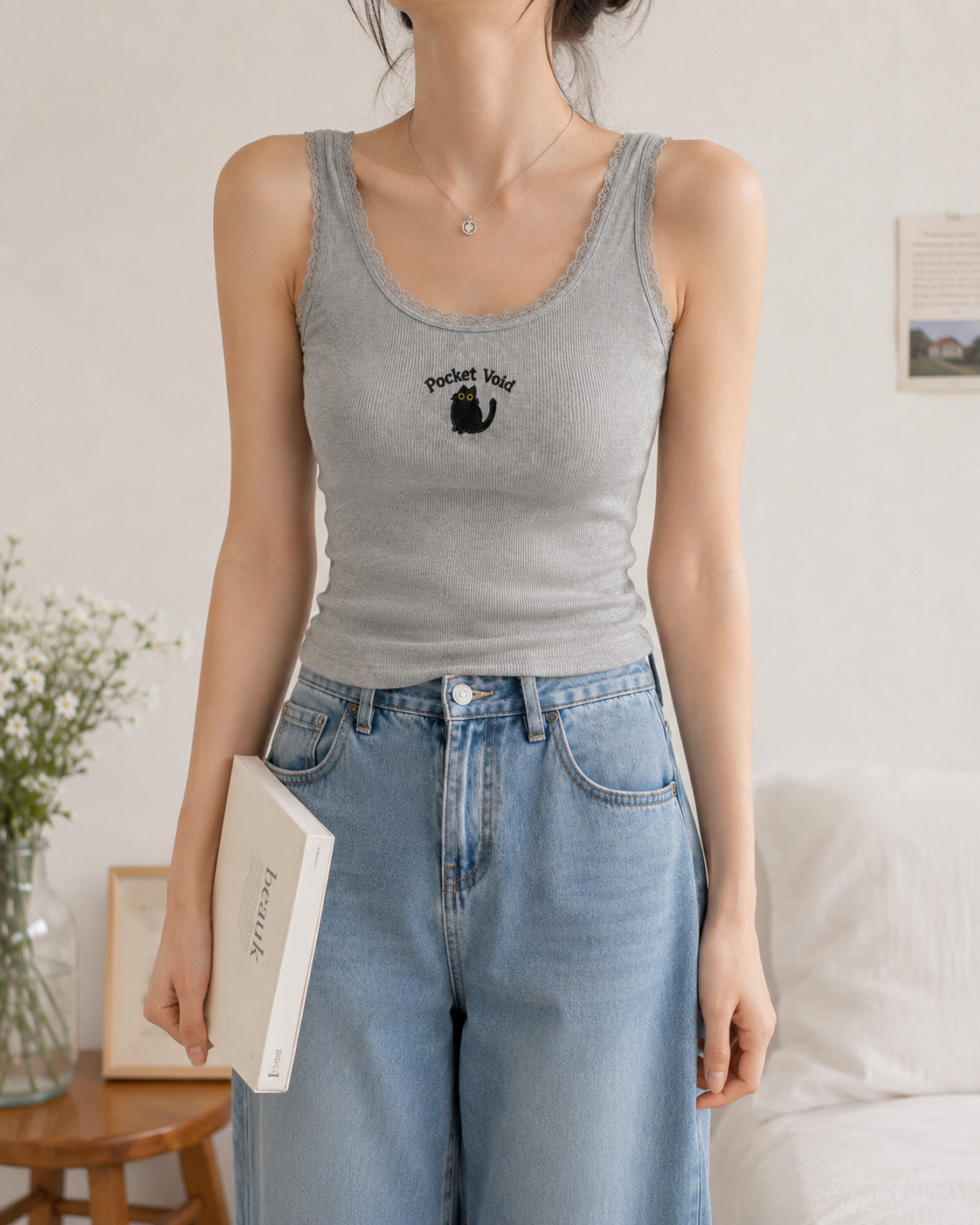 Cute Black Cat Embroidered Lace Trim Tank Top