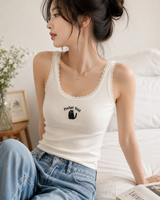 Cute Black Cat Embroidered Lace Trim Tank Top