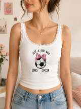 Just A Girl Who Loves Soccer Embroidered Lace Trim Ribbed Tank Top