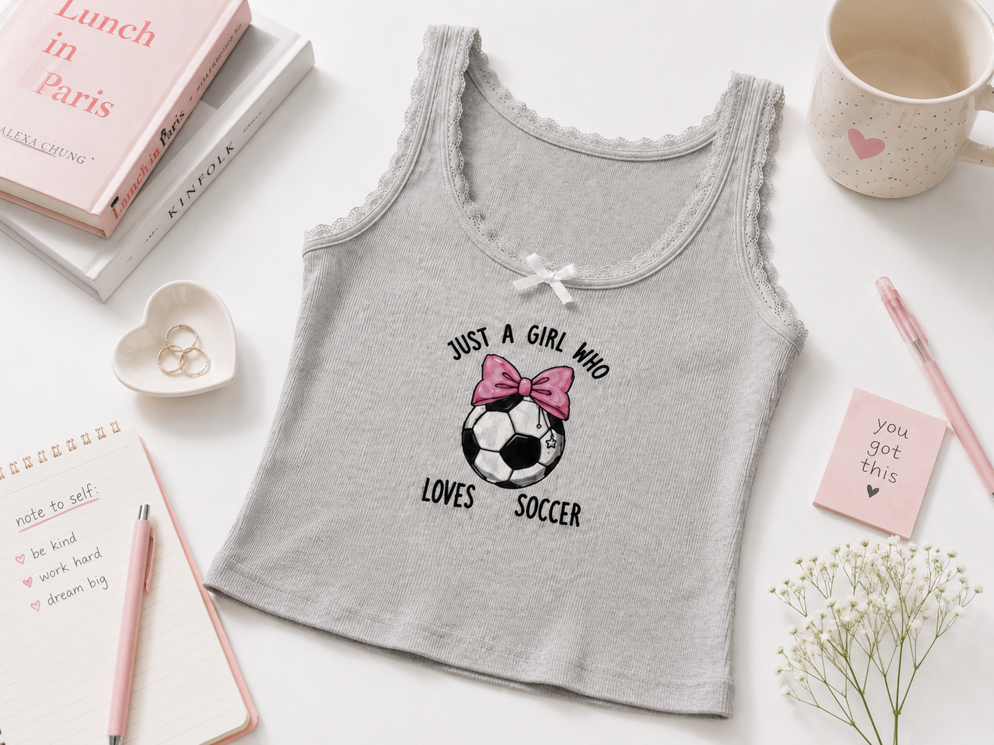Just A Girl Who Loves Soccer Embroidered Lace Trim Ribbed Tank Top