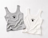 Cute Black Cat Embroidered Lace Trim Tank Top